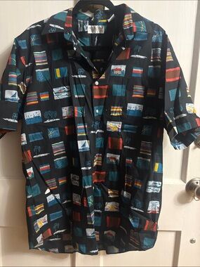 Men's Short-Sleeve Button-Down Shirt in Black with Multicolor Prints